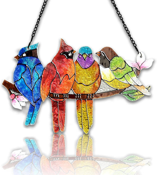 Stained Glass Window Hanging - Birds on A Branch Suncatcher for Window Doors Home Decoration