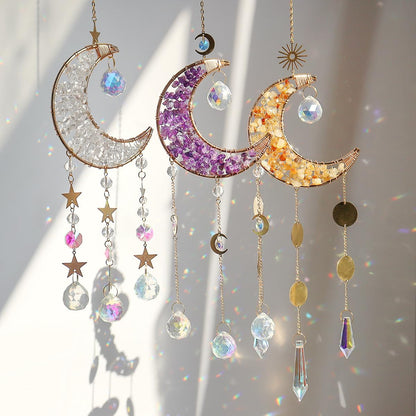 Moon Suncatcher Hanging Decor, Boho Chic Citrine Crystal Sun Catcher, Spritual Sun Light Catcher for Windows, Crescent Moon Housewarming Gift (Citrine)