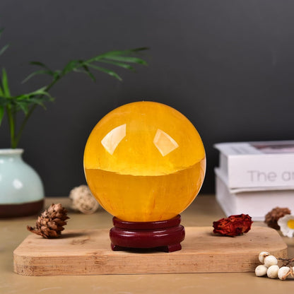 JIC Gem Large Yellow Fluorite Crystal Sphere Ball with Wooden Stand Yellow Healing Crystal Decorative Ball 90-100mm