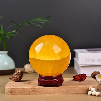 JIC Gem Large Yellow Fluorite Crystal Sphere with Stand Gemstone Decorative Ball for Home Decor Altar Reiki Crystal Gift 80-90mm