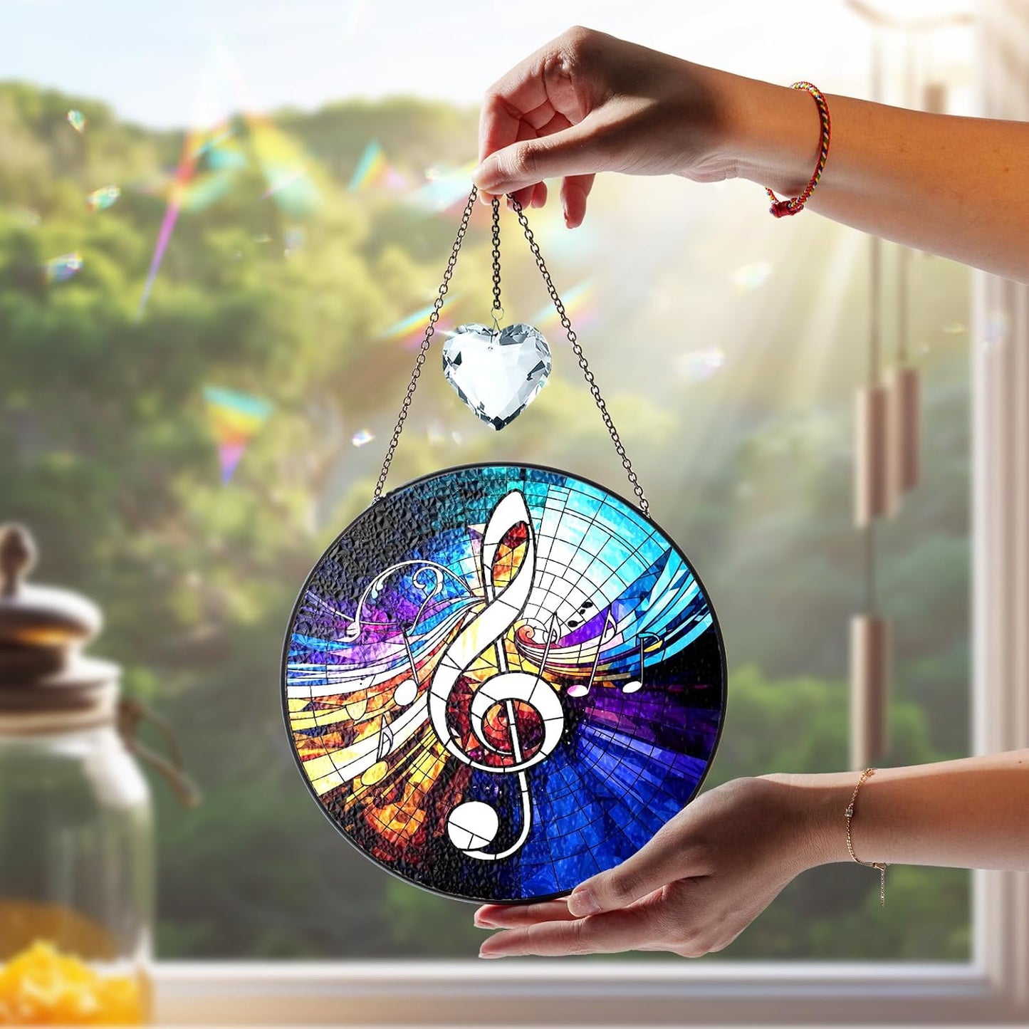 6" Musical Note Stained Glass Decor, Window Suncatcher Hanging Decorations, Suncatcher Art Decor for Home Garden Housewarming, Musical Gifts for Mom, Women, Family, Grandma, Friends ART-18E-SG6