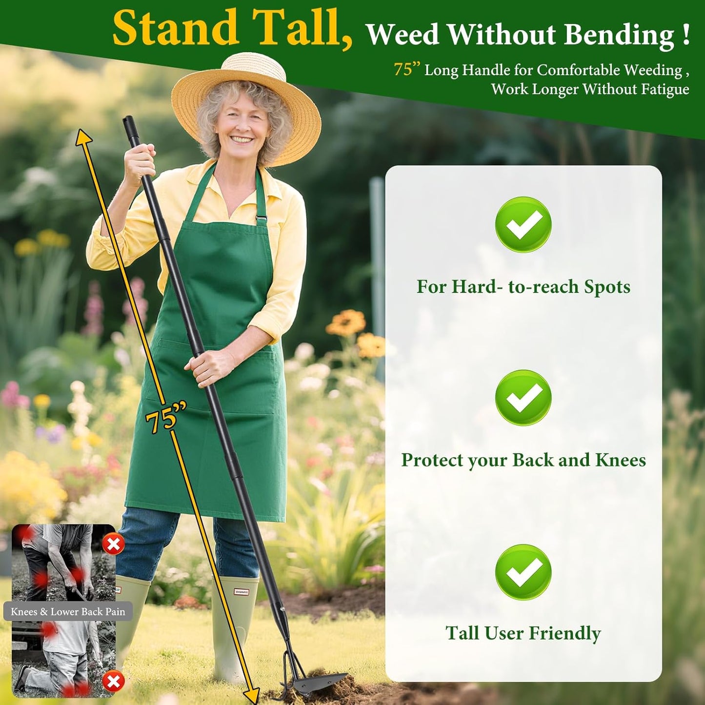 Garden Hoe - Heavy Duty 2 in 1 Hoe Garden Tool with Cultivator Claw Rake,75 Inch Long Handle Hoes for Weeding,Loosening Soil,Hand Weeder Tools for Indoor Outdoor Gardening,Planting,Cultivating,Digging