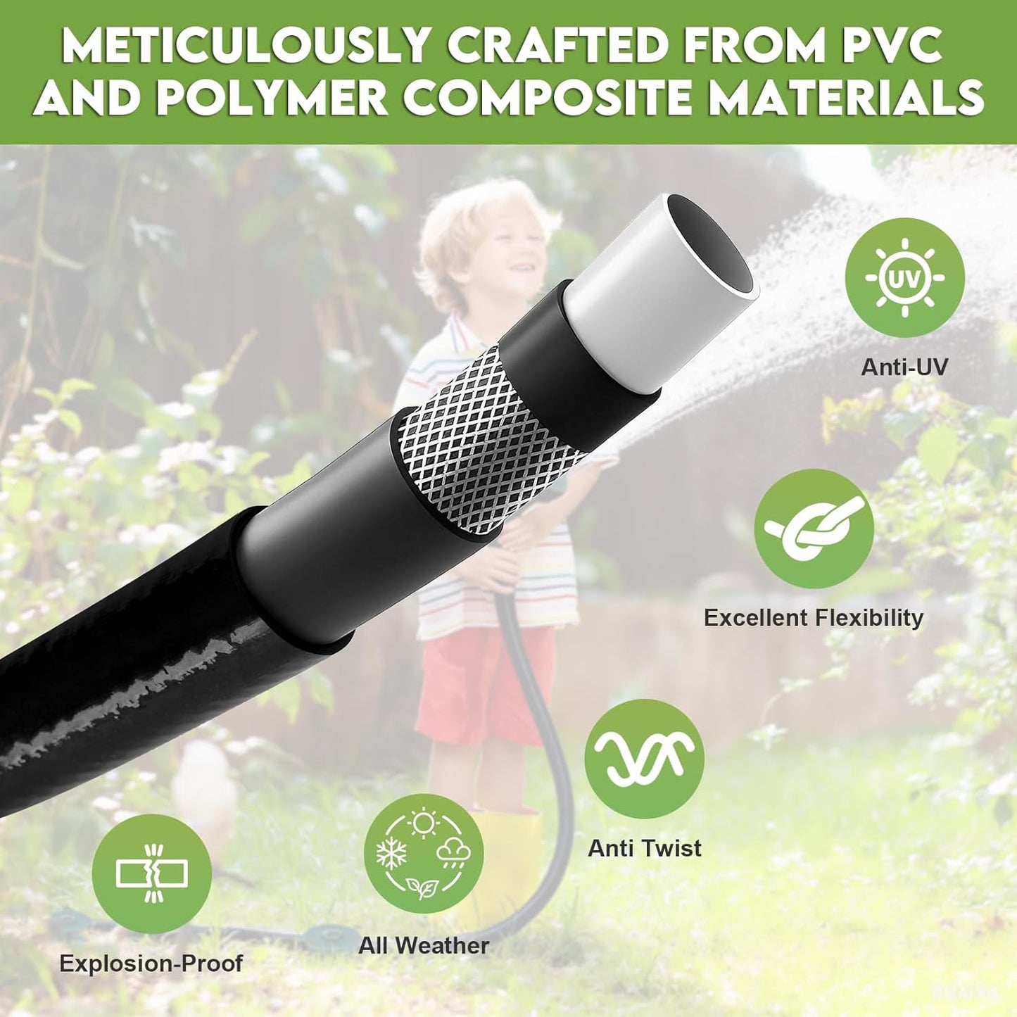 50ft 5/8” PVC Garden Hose, Black High Strength Flexible Water Hose-Versatile for Gardening, Agriculture, Industrial, Construction & Household Applications