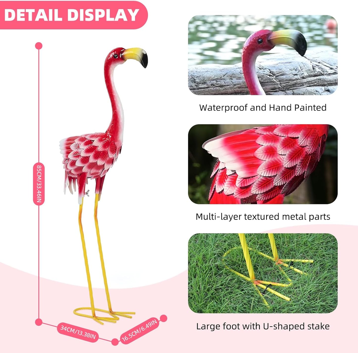 Flamingo Garden Metal Statues - Pink Flamingo Sculptures, Metal Birds Yard Art Outdoor Statue, Outdoor Backyard Decor, Patio, Porch, Lawn Ornament Large Iron Yard Decoration - 33 Inch