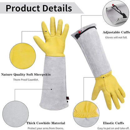 Gardening Gloves for Women/Men, Rose Pruning Thorn-Proof Gloves, with Adjustable Cuff and Durable Goatskin Leather, Comfy Breathable Long Sleeve Work Garden Gauntlet Glove for Yard Work(L)