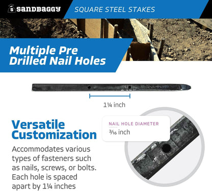 Sandbaggy 18" Square Steel Concrete Form Stakes with Nail Holes - 5/8" Wide - Rust Resistant - Removable/Reusable - Construction Grade Rebar Pins (Square Nail Stakes, 90, Count)