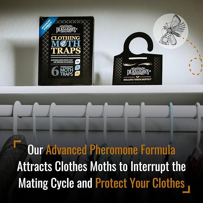 Dr. Killigan's Premium Double Potent Clothing Moth Traps with Pheromones Prime - Organic Trap with Lure for Clothes Closets & Carpet - Case Making & Web Spinning Moth Prevention (20 Pack, Black)