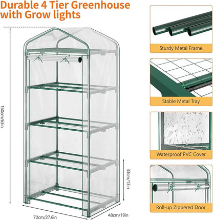 Indoor Greenhouse with Grow Light, 4-Tier Mini Greenhouse 27.6"x19"x63" Small Greenhouse with Zippered PVC Cover for Seed Starting Trays, Dimmable Plant Light for Indoor Plants with Timer