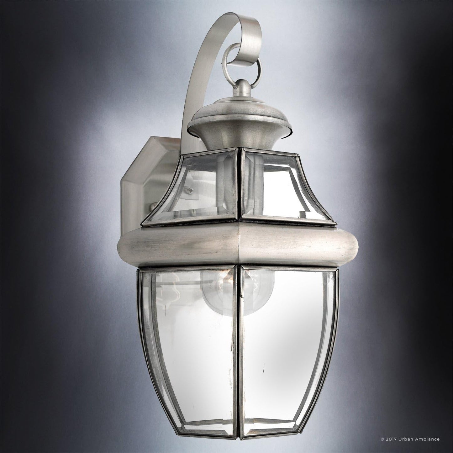 Urban Ambiance Luxury Colonial Outdoor Wall Light, Medium Size: 14" H x 8" W, with Tudor Style Elements, Versatile Design, Classy Aged Silver Finish and Beveled Glass, UQL1143