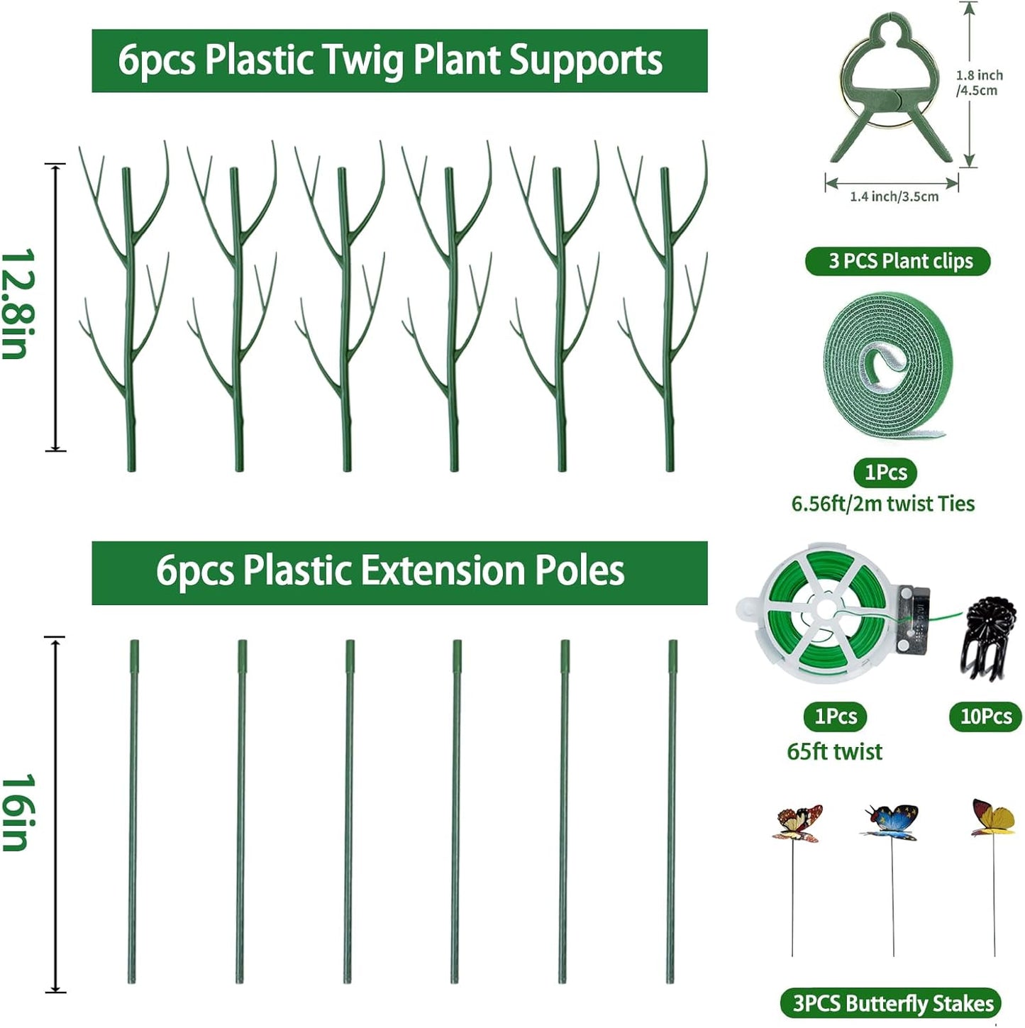 6 Pack Plant Support Plant Stakes for Indoor and Outdoor Plants, 28.8” Plant Sticks with Plant Clips Twist Tiers and Plant Tiers for House Potted Plants, Monstera Plant Support for Climbing Plants