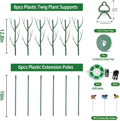 6 Pack Plant Support Plant Stakes for Indoor and Outdoor Plants, 28.8” Plant Sticks with Plant Clips Twist Tiers and Plant Tiers for House Potted Plants, Monstera Plant Support for Climbing Plants