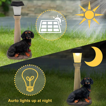 BAYN Solar Dog Garden Statues with Lantern, Resin Dachshund Sculpture with Warm White Light for Outside Lawn Porch Patio