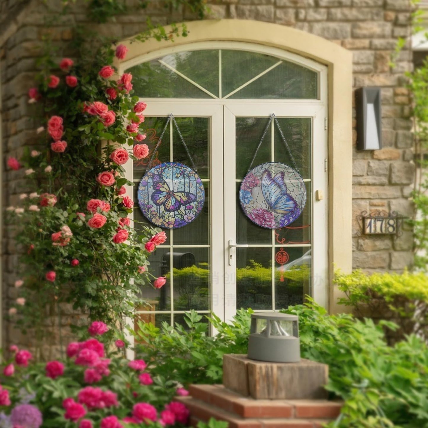 12''Stained Glass,Large Butterfly Decor Window Hanging,Handmade for Window Decoration,Painted Stained Glass Suncatcher,with Metal Chain