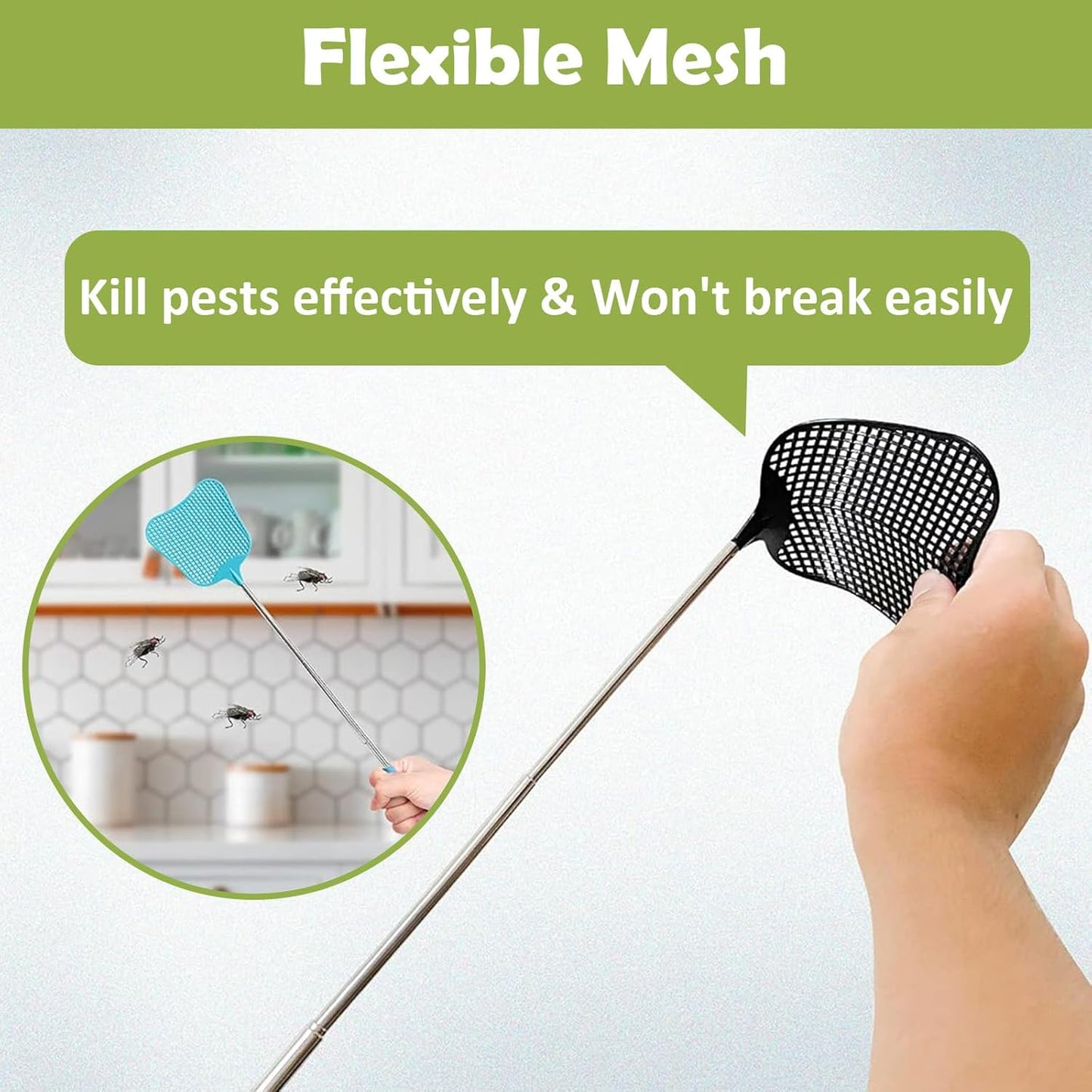 Fly Swatter Heavy Duty Set, with Durable Telescopic Stainless Steel Extendable Handles, for Home, Classroom, Indoor Outdoor Office, 2Pcs, Blue