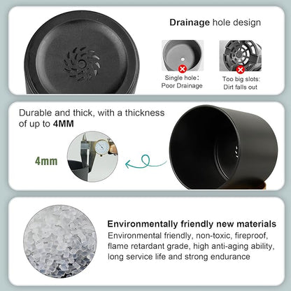 5 Pack Cylindrical Flower Pots with 7/6.5/6/5/4 inch, Modern Small Plastic Plant Pots with Drainage Holes & Saucers, Round Planter Pots for Outdoor, Indoor & Office Decor (Black Brown)