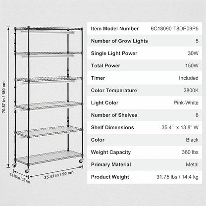 VEVOR Plant Stand with Grow Light, 6-Tier Large Tall Plant Shelf with 150W Full Spectrum Grow Light, Indoor LED Plant Light with Timer and Wheel for Seed Starting 35.4" L x 13.8" W x 70.9" H