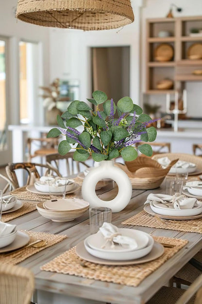 Artificial Eucalyptus Stems in Ceramic Vase 14.23" Fake Eucalyptus Plant Decor White Donut Vase with Greenery Centerpiece Table Decorations Small Faux Green Plant for Home Farmhouse Wedding Table