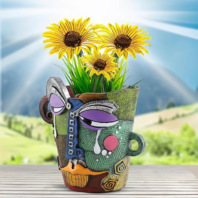 Picasso Brutalist Abstract Beauty Face Flower Pot Ornaments Abstract Face Flower Pots Abstract Head Planter Pots Container Colorful Face Art Abstract Resin Flower Pot (Picasso's tearful flowerpot)