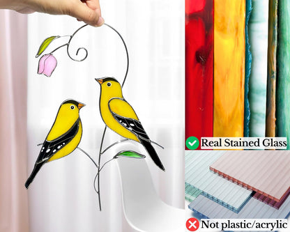Goldfinch (1 Pair) Stained Glass Birds Suncatcher for Mom, Grandma, Women - Real Glass Window Hanging Ornament - Handmade Bird Lover Home Decor (Gifts Ready Packaging)