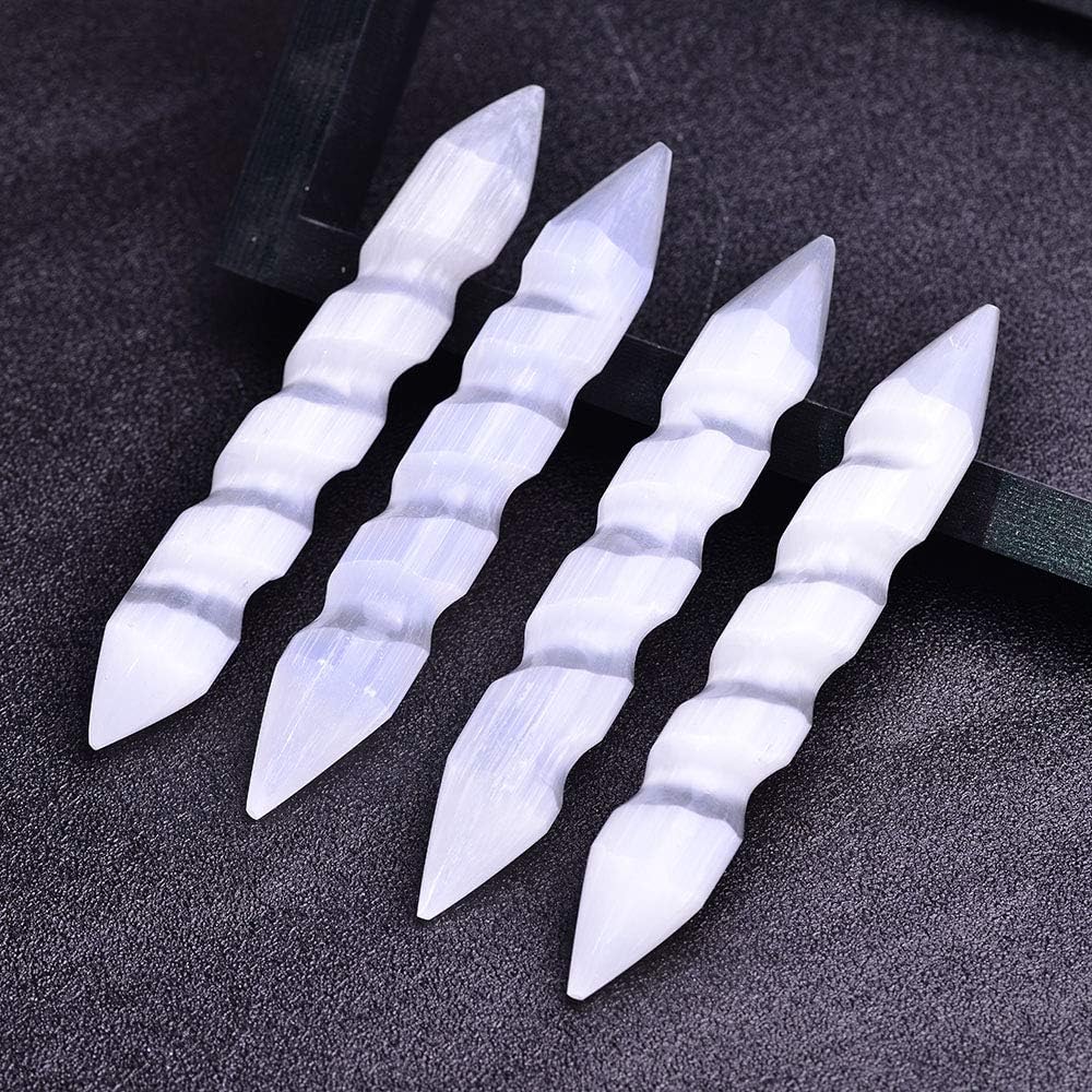 JIC Gem 4pc Selenite Spiral Wand Double Point Moroccan Selenite Crystals and Healing Stones 6-6.5 inch