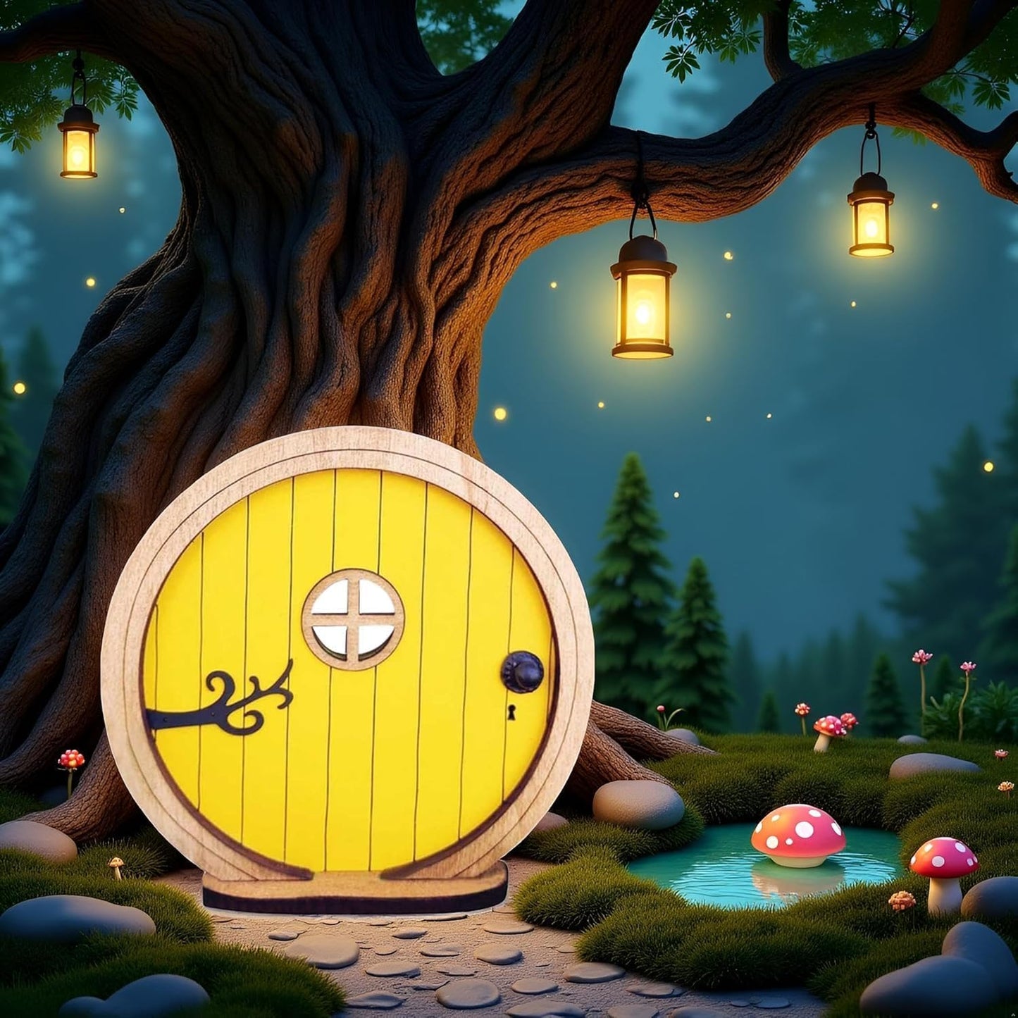 Yellow Fairy Garden Door for Tree, Fairys Doors for Trees Outdoor and Tree Trunk,Mini Fairy Garden Sculpture Lawn Ornament Decor, Fairytales Door Decoration,Gardens Miniatures,Buildings