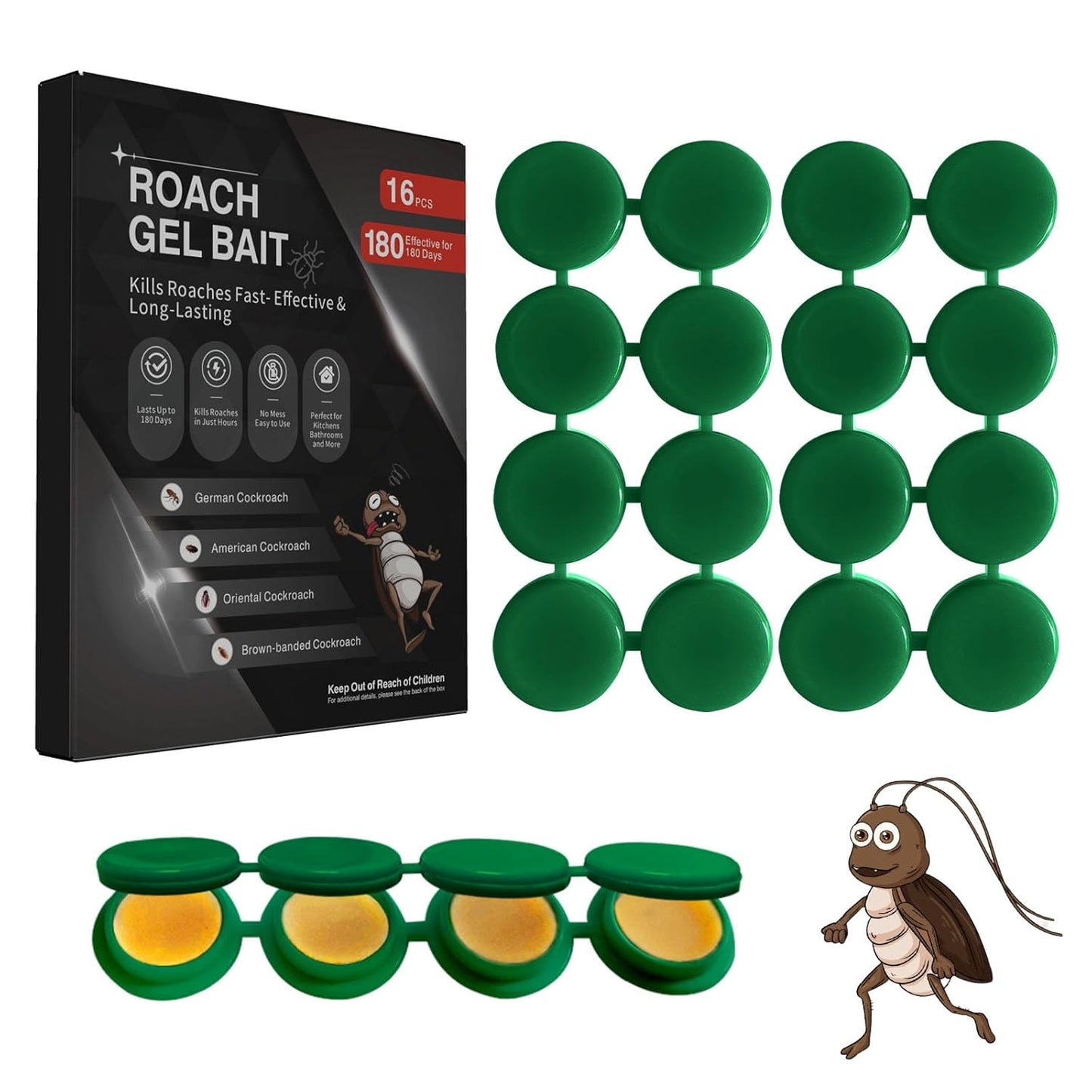 16 Pack Cockroach Gel Bait, Highly Effective Roach Killer Indoor Infestation Solution, Fast Acting Cockroach Killer Indoor Home Kitchen Use, Easy to Apply & No Mess Roach Bait, Long-Lasting
