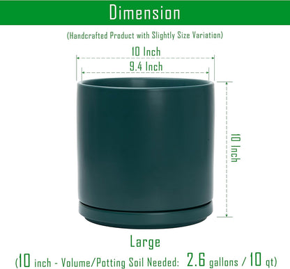 D'vine Dev 10 Inch Ceramic Planter Pot with Drainage Hole and Saucer, Indoor Cylinder Round Planter Pot, Teal, 94-O-E-9