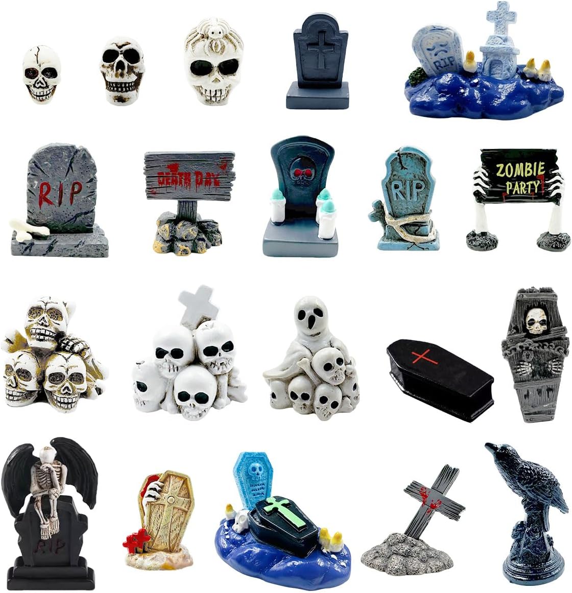 Suartus Halloween Miniature Figurines - 20 Resin Ghost Tombstones Skull Heads Scene Ornaments Halloween Garden Accessories Mini Figurine Decorations for Outdoor Home Village Crafts
