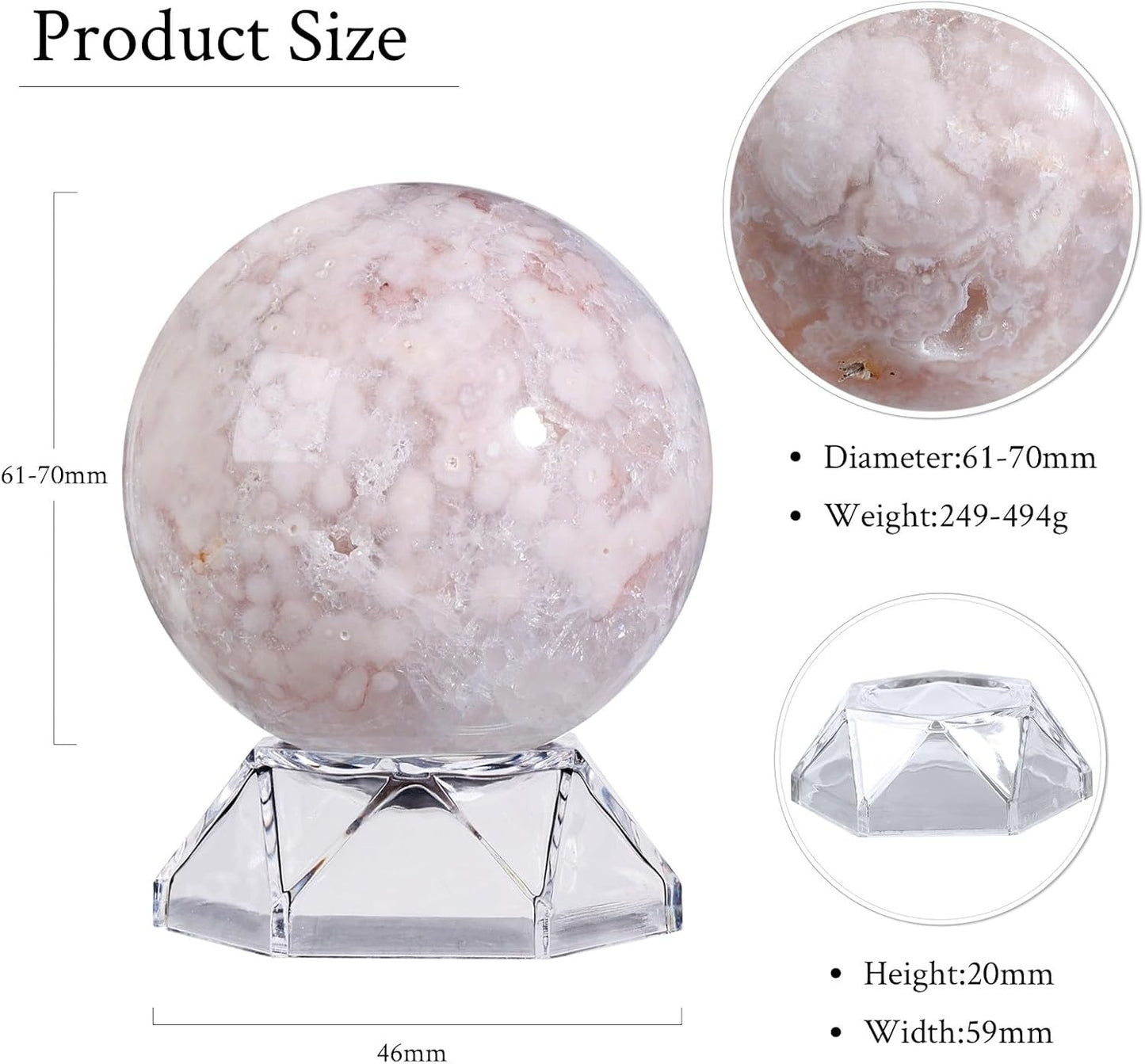 Natural Cherry Blossom Agate Crystal Ball with Acrylic Display Base, 61-70mm Polished Stone Feng Shui Crystal Sphere Meditation Decoration for Home & Office