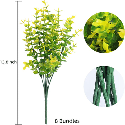RECUTMS Artificial Boxwood Plants Outdoor Fake Spring Plants Uv Resistant Artificial Shrubs for Outdoors Greenery Stems Outdoor Flowers That Look Real Artificial Eucalyptus (Yellow Eucalyptus)