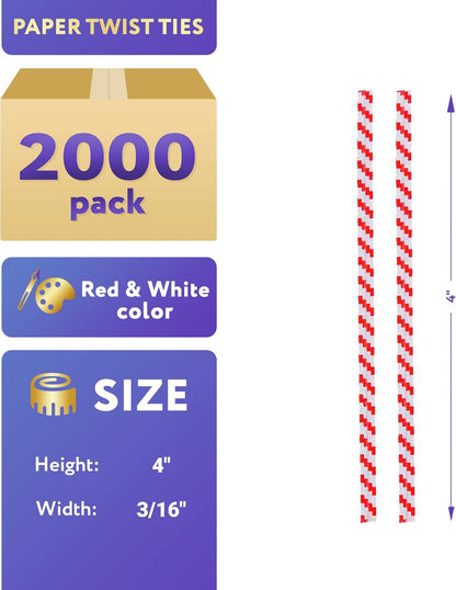 APQ Red and White Metallic Twist Ties for Bags, 4 inches. 2000 Pack Plastic-Coated Bread Twist Ties for Treat Bags. Reusable Bread Ties. Light Metallic Twist Tie. Heavy-Duty Twisty Ties for Bags