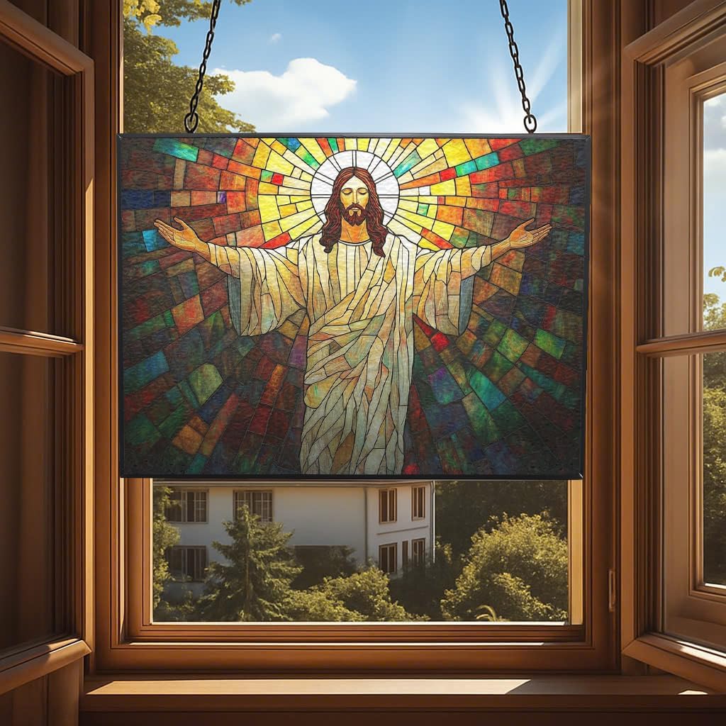 Customized Rectangle Boho Jesus Open Arms Stained Glass Suncatcher Stained Glass Window Hangings Birthday Gift for Mom Grandma Teacher Women Friend Memorial Hook