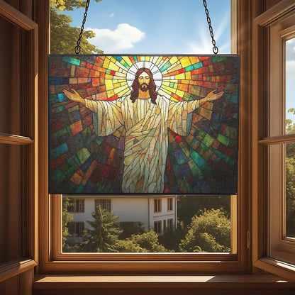 Customized Rectangle Boho Jesus Open Arms Stained Glass Suncatcher Stained Glass Window Hangings Birthday Gift for Mom Grandma Teacher Women Friend Memorial Hook