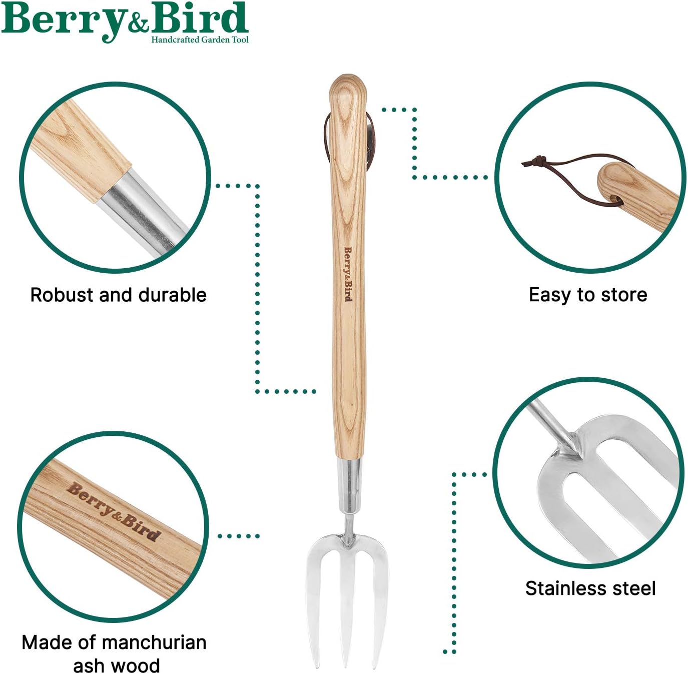 Berry&Bird Gardening Hand Fork, 22.6 Inches Long Handled Stainless Steel Weed Fork, Traditional Garden Hand Fork Tool with Ergonomic Ash Wood Handle for Weeding, Digging, Planting and Cultivating