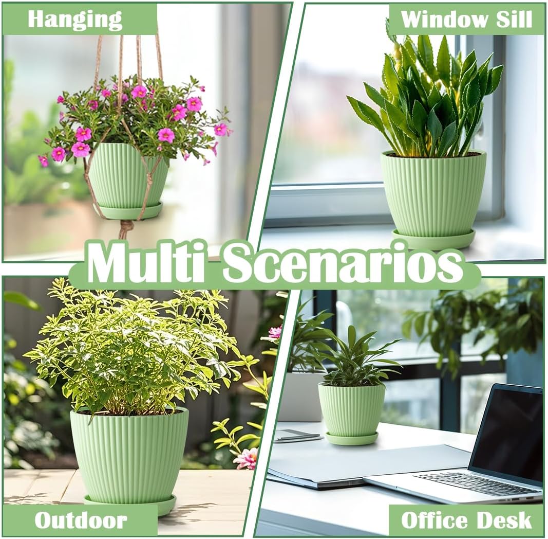 7.5/6.5/5.5/4.9/4.2/3.5 Inch Plant Pots with Saucers & Drain Holes - Indoor/Outdoor Flower Pots for Succulents, Herbs, Cactus - Modern Lightweight Durable Planter Set, Green