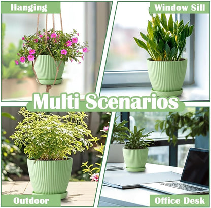 7.5/6.5/5.5/4.9/4.2/3.5 Inch Plant Pots with Saucers & Drain Holes - Indoor/Outdoor Flower Pots for Succulents, Herbs, Cactus - Modern Lightweight Durable Planter Set, Green