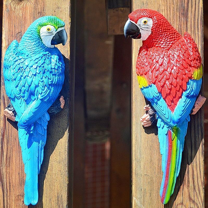 coolboy Bird Statue Decorations Outdoor,Garden Bird Figurine Real Parrot Figurine,Resin Bird,Bird Statue Gift,Wall Hanging Macaw Bird Tropical Decor Wall Sculpture, Polyresin, Full Color,2 Bird a Set