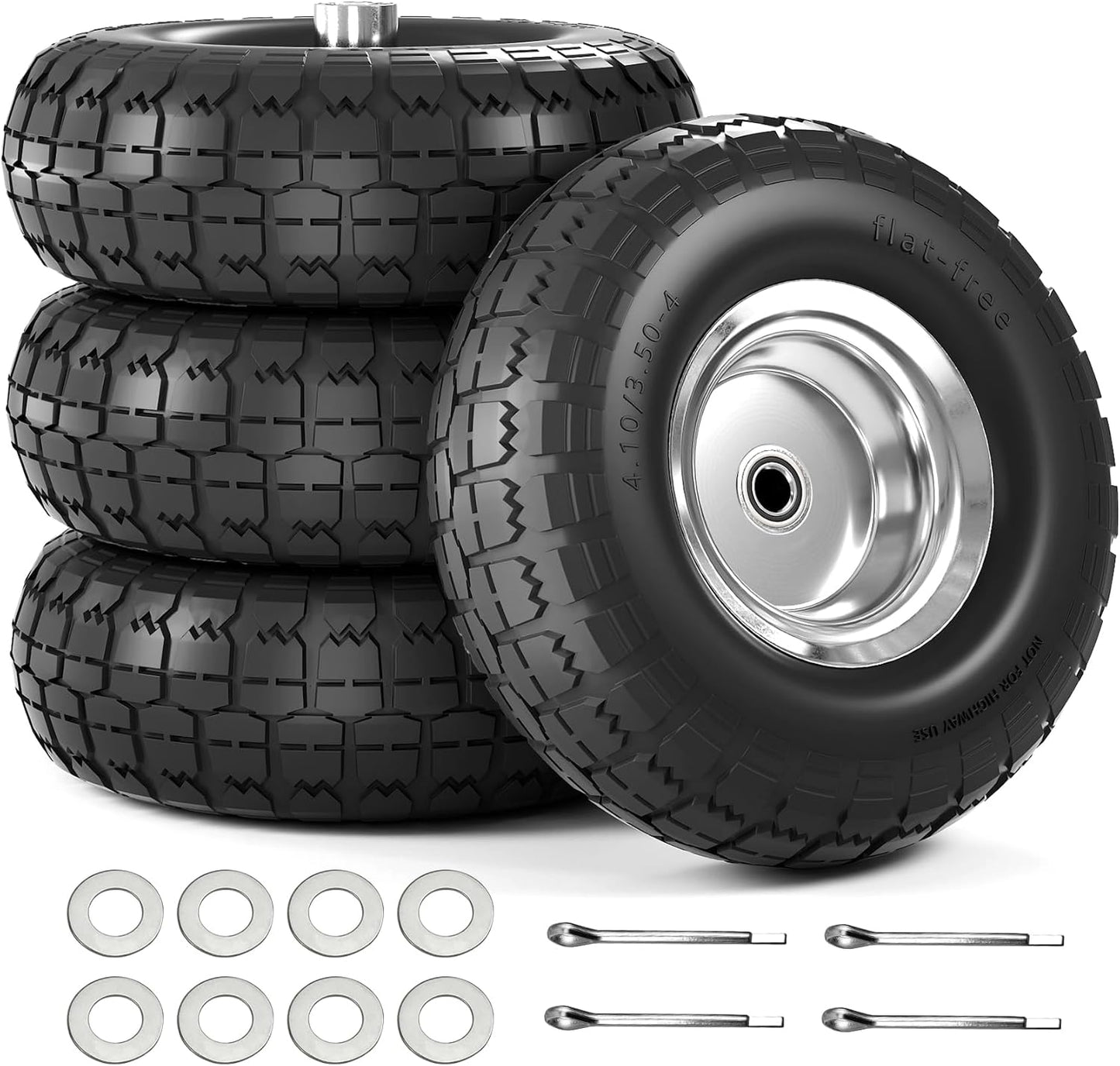 【UPGRADED】4.10/3.50-4 Tire and Wheel Flat Free, 10 Inch Solid Rubber Tire with 5/8”Axle Bore Hole and Double Sealed Bearings, for Dolly Wheels/Hand Truck Wheels/Dump Cart，4 Pack