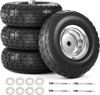 【UPGRADED】4.10/3.50-4 Tire and Wheel Flat Free, 10 Inch Solid Rubber Tire with 5/8”Axle Bore Hole and Double Sealed Bearings, for Dolly Wheels/Hand Truck Wheels/Dump Cart，4 Pack