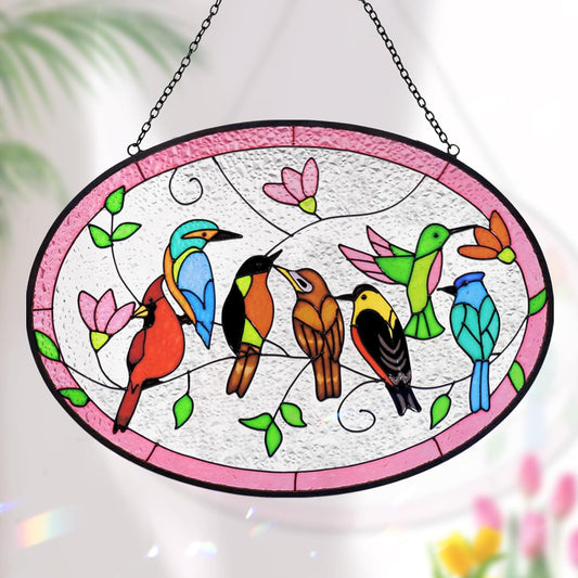 Huray Rayho Birds On A Branch Stained Glass Ornament, 9.5''x6.7'' Cardinal Hummingbird Suncatcher