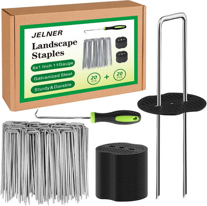Garden Stakes,6 Inch 11 Gauge 20pcs Galvanized Landscape Staples + 20pcs Gaskets + 1Pick Hook, Tent Stakes Landscaping Fabric SOD Pins for Weed Fabric Barrier,Groud Cover,Fence