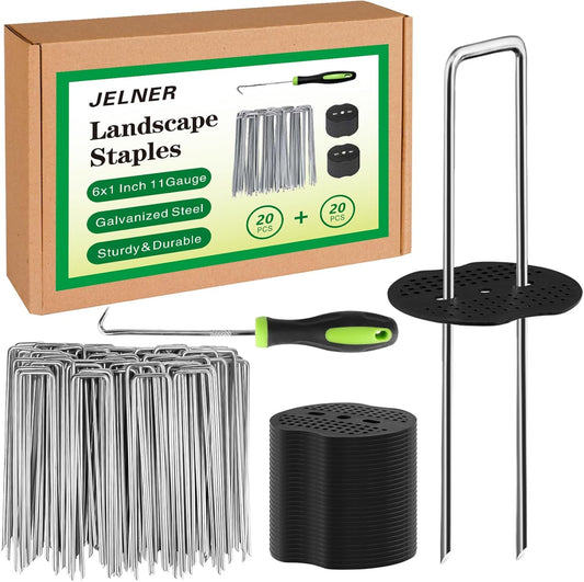Garden Stakes,6 Inch 11 Gauge 20pcs Galvanized Landscape Staples + 20pcs Gaskets + 1Pick Hook, Tent Stakes Landscaping Fabric SOD Pins for Weed Fabric Barrier,Groud Cover,Fence