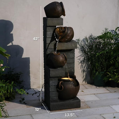 Water Fountain Outdoor 4-Tiers Cascading Realistic Bowls Waterfall Clay Pot Design Outdoor Fountain Resin Imitation Wood with LED Lights for Garden, Patio, Porch 42" H