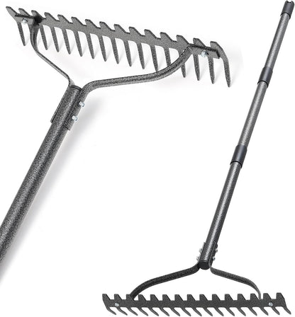 Thatch Rake, 49" Heavy Duty Metal Lawn Leveling Rake with 17 Tines, Garden Tool with Adjustable Long Handle for Looseing Soil, Weede Control
