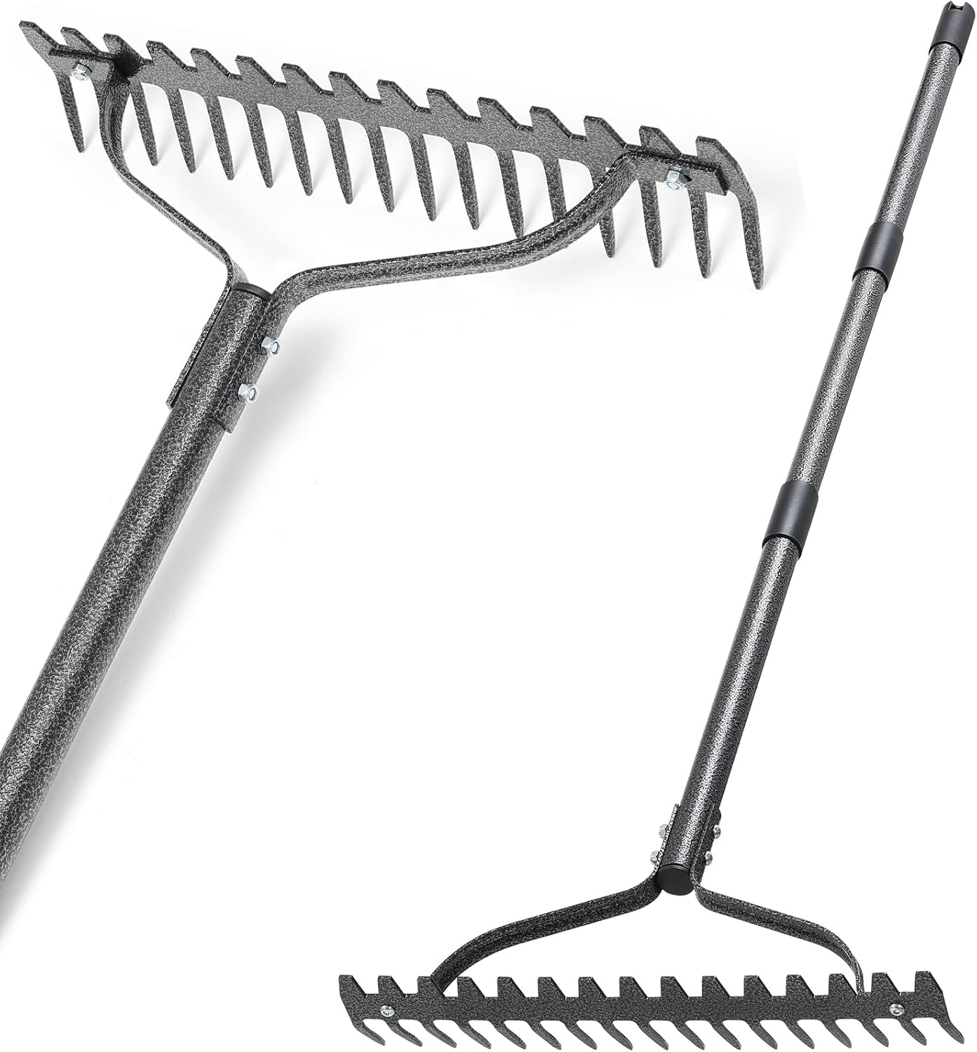 Thatch Rake, 63" Heavy Duty Metal Lawn Leveling Rake with 17 Tines, Garden Tool with Adjustable Long Handle for Looseing Soil, Weede Control