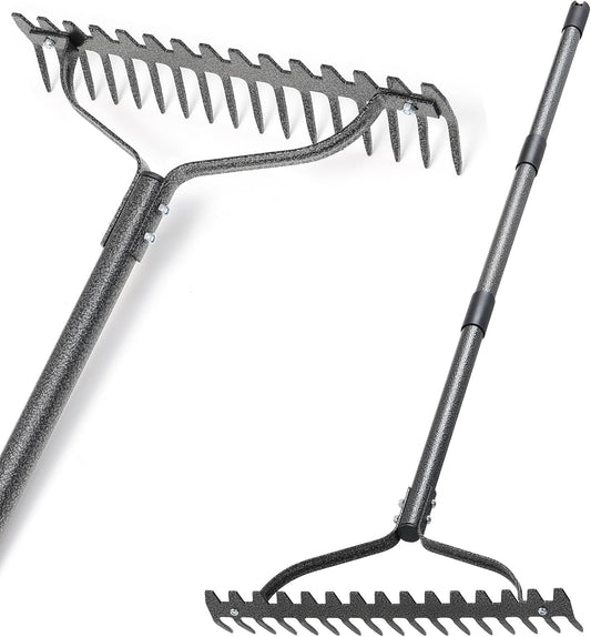 Thatch Rake, 63" Heavy Duty Metal Lawn Leveling Rake with 17 Tines, Garden Tool with Adjustable Long Handle for Looseing Soil, Weede Control