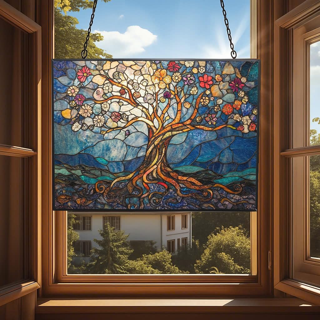 Rectangle Art Nouveau Tree of Life Suncatcher Indoor/Outdoor Stained Glass Window Hanging Handmade Suncatchers Home Decor Garden Christmas Party Wedding Housewarming Gifts