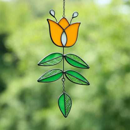 Tulip Stained Glass Suncatcher, Folk Flower Stained Glass Window Hanging Sun Catcher, Retro Home Decor, Handmade Gift for Plant Lovers, 9.4" x 4.7"