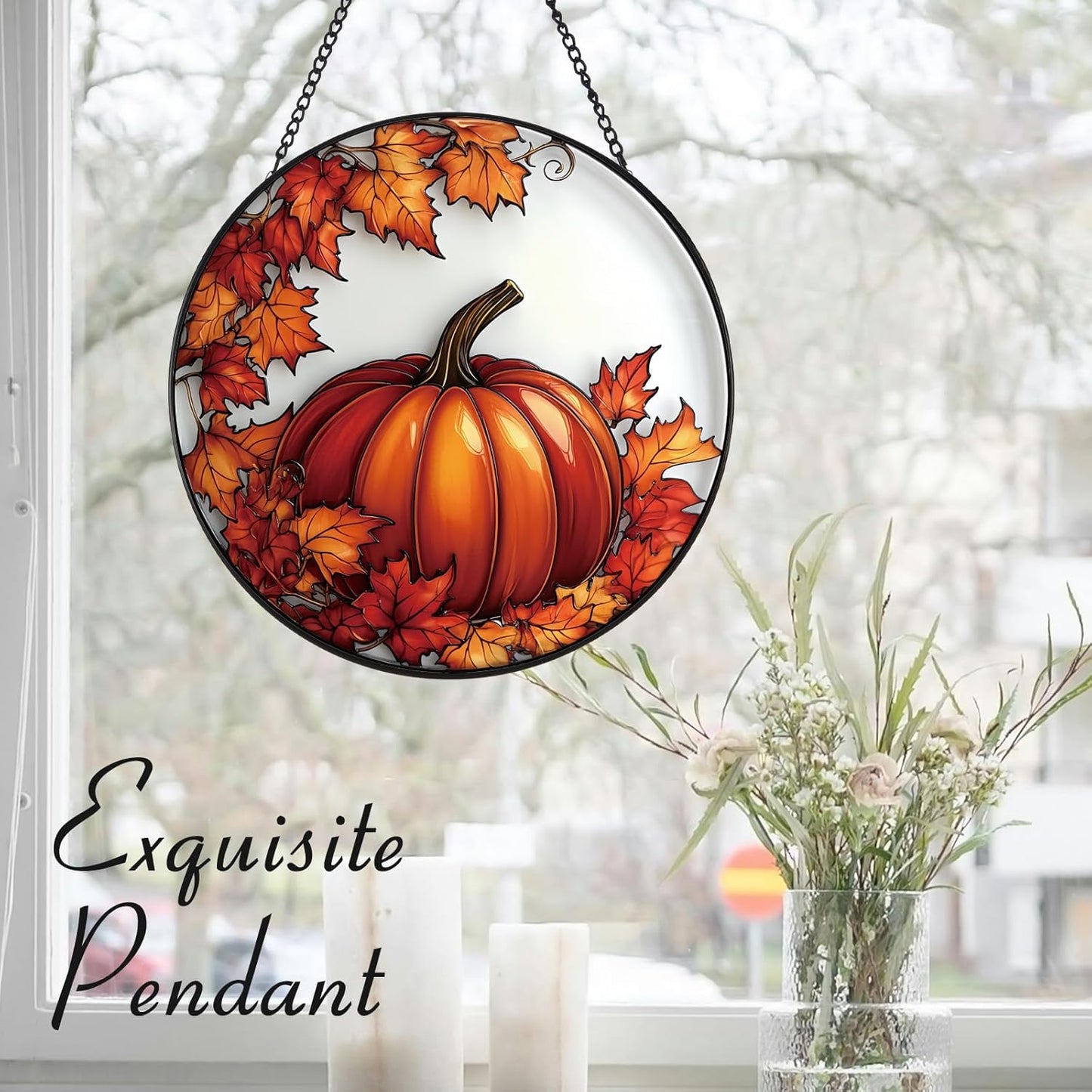 Pumpkin Maple Leaf Suncatcher -7.9 in Stained Glass Window Hanging Sun Catcher Garden Decor
