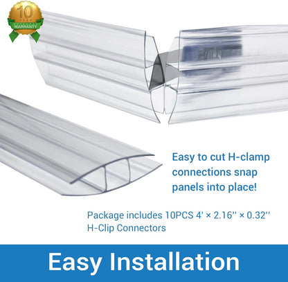 10 PCS Polycarbonate Greenhouse H-Clip Connectors 4ft Length, Fits 0.24’’ & 0.32’’ Twin-Wall Polycarbonate Panels Duty Dust, Rain & Moisture Protection Durable (H-Clip 4' × 2.16’’ × 0.32’’)